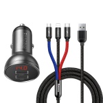 Baseus Digital Display Dual USB 4.8A Car Charger 24W with 3 Colors 3in1 Cable Black