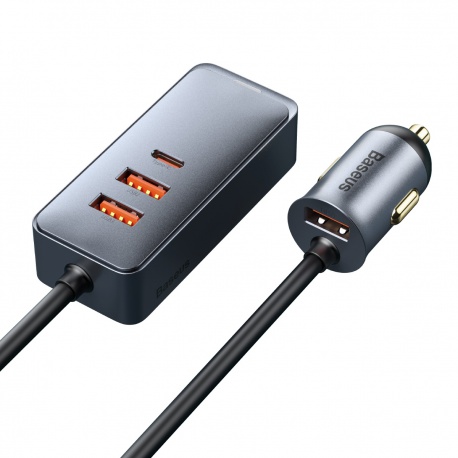 Baseus fast car charger with extension cable 3x USB-A, 1x Type-C 120W gray