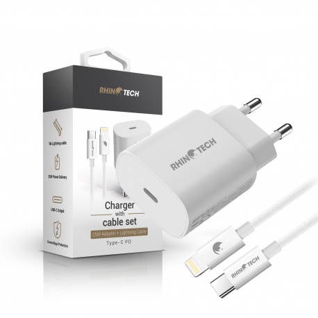 RhinoTech 25W PD charging adapter with USB-C to Lightning 27W 1M white cable