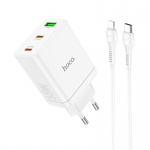 Hoco N33 Start PD charging adapter 35W with three USB ports (2x C + A) + C cable for iP white