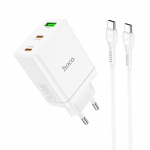 Hoco N33 Start PD charging adapter 35W with three USB ports (2x C + A) + C to C cable white